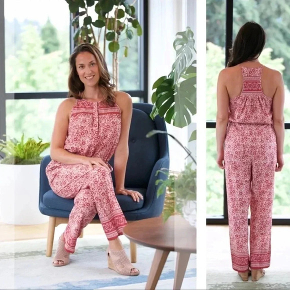 Faherty Pink Floral Organic Cotton Lightweight Sleeveless Jumpsuit Size Large - Picture 1 of 12